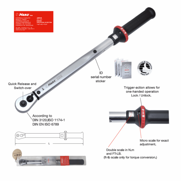 Quick Release Torque Wrench with Dual Scale- Clicker Type- 1/4", 3/8", 1/2" Drive